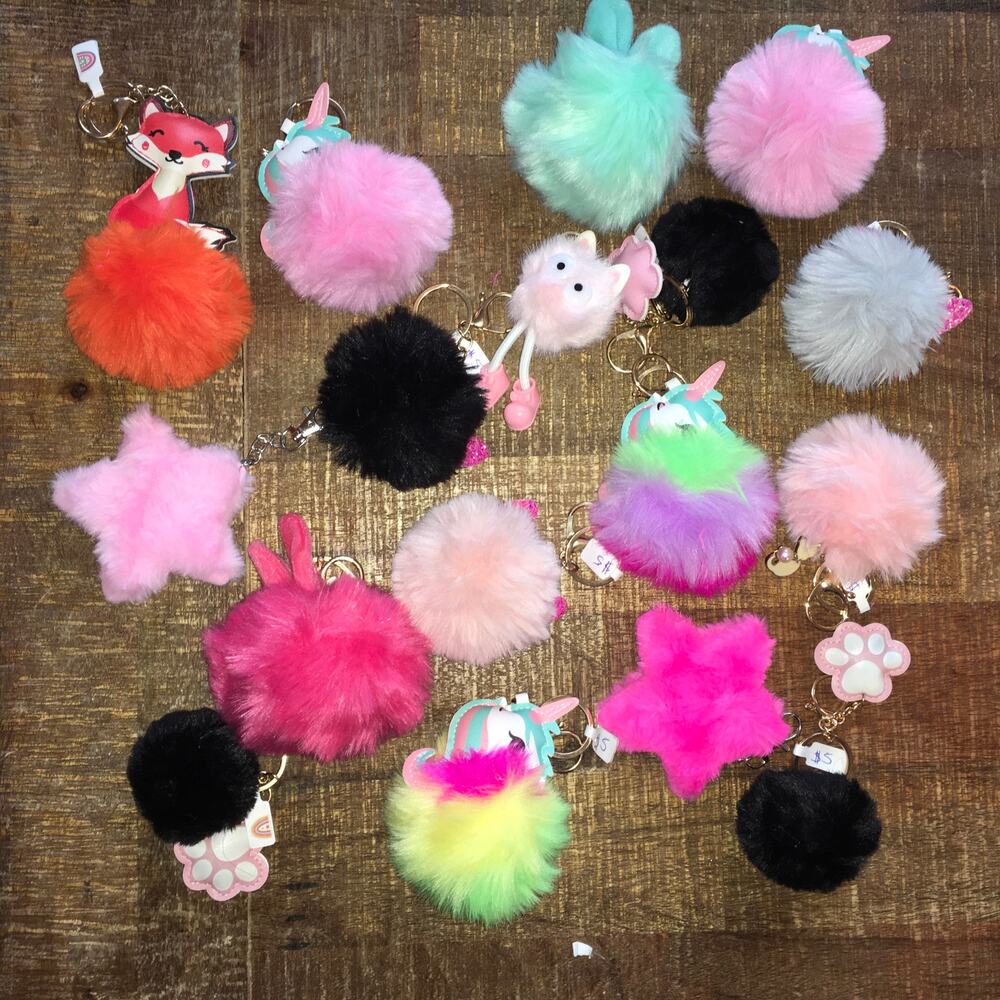 Faux Fur Pom Pom Keychain Bag Charms Assorted Wholesale LOT OF 16 Purse Charm
